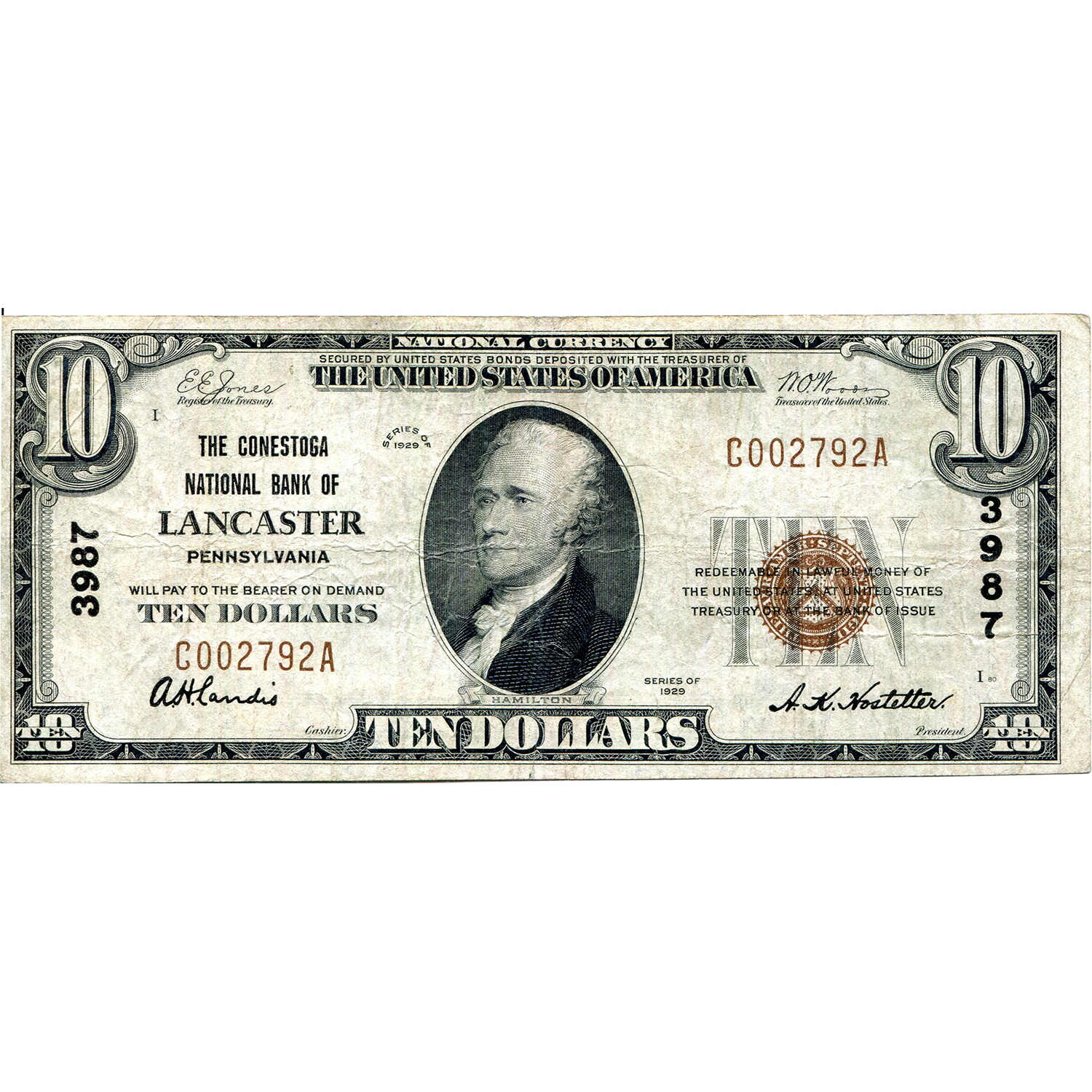 1929 $10 National Bank Note Lancaster PA Charter #3987 F (1)