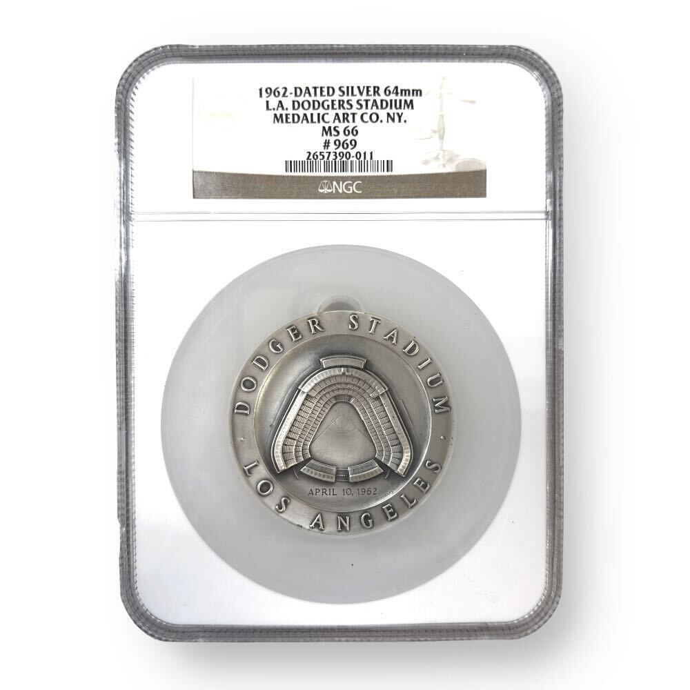 Certified Medallic Art CO. Silver Medal 4.25" 1962 L.A Dodgers Stadium MS66 NGC