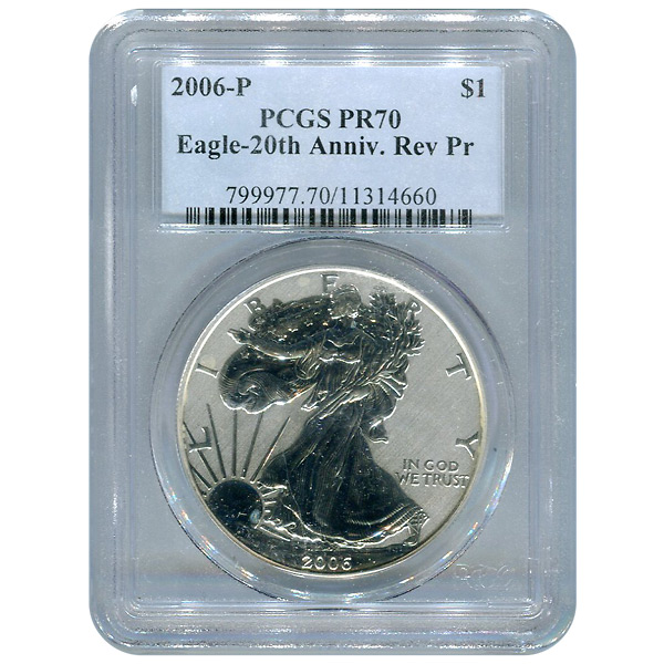 Certified 2006-W 20th Anniversary American Eagle Silver Reverse Proof PR70 PCGS