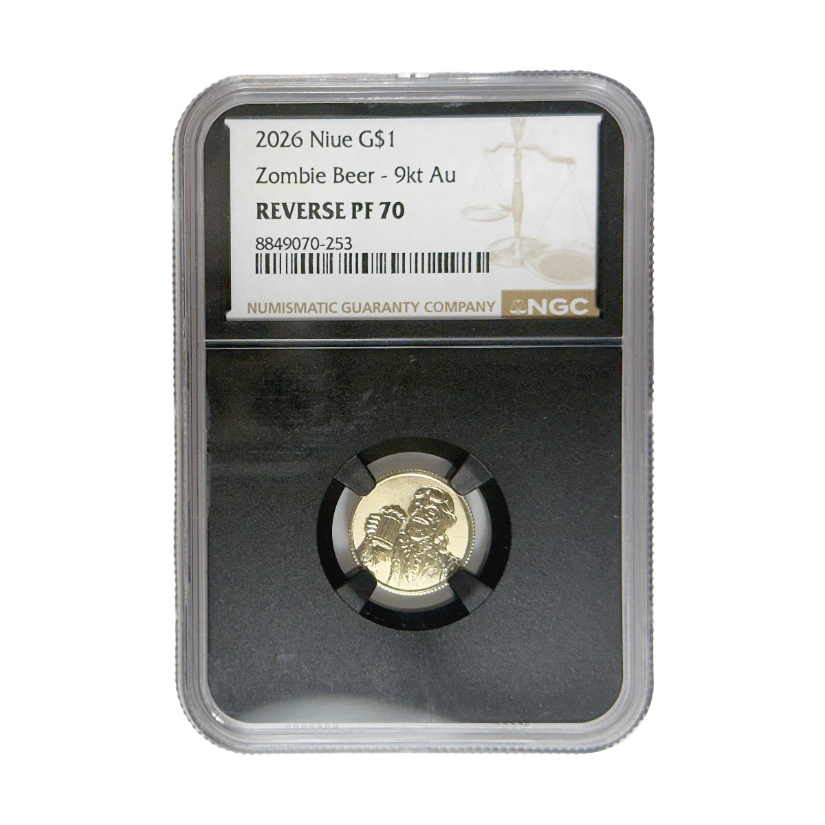 Certified Niue $1 Zombie Beer 9kt Gold 2026 Reverse PF70 NGC