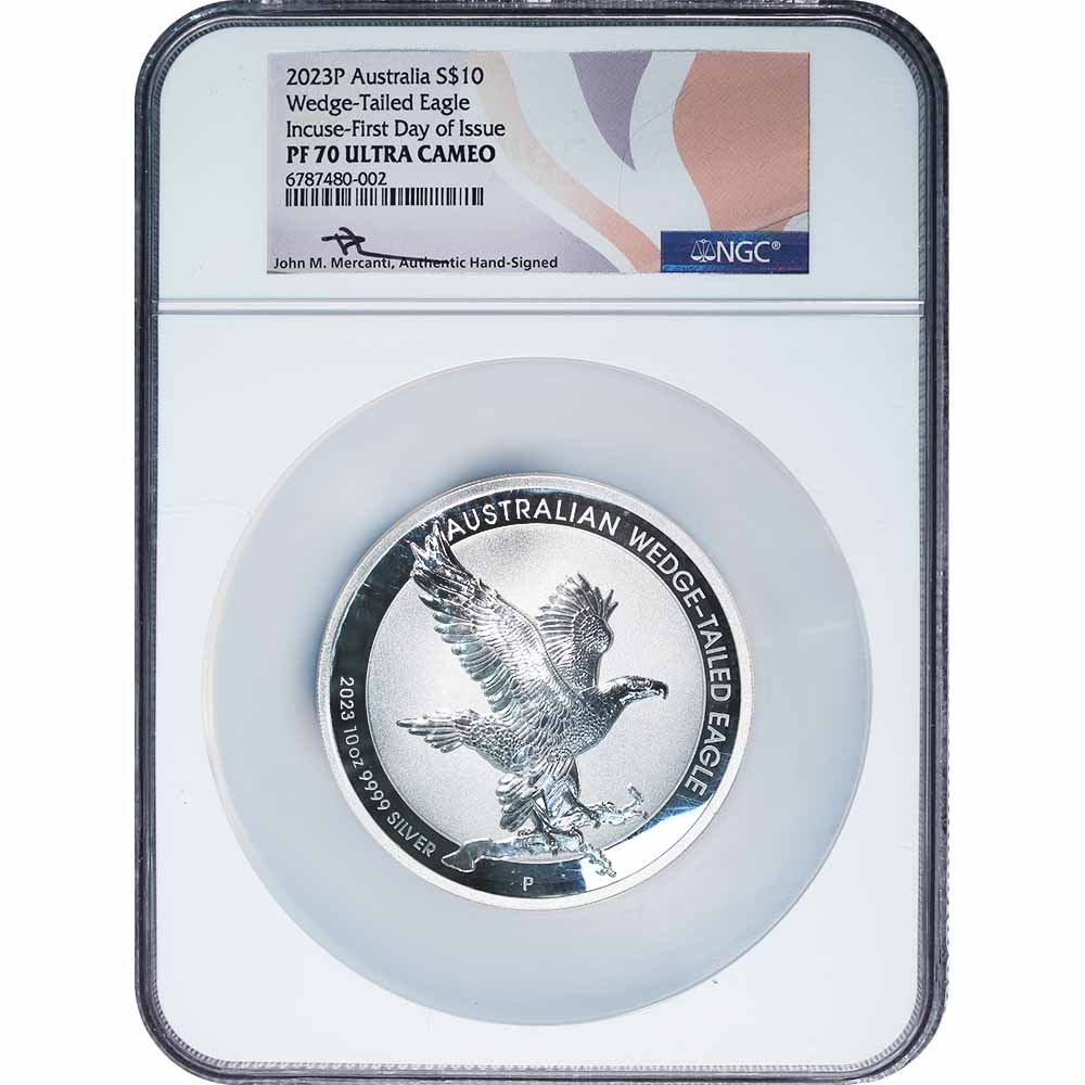 Australia 10 Oz. Silver 2023 Incuse Wedge-Tailed Eagle PF70 NGC Mercanti sig.