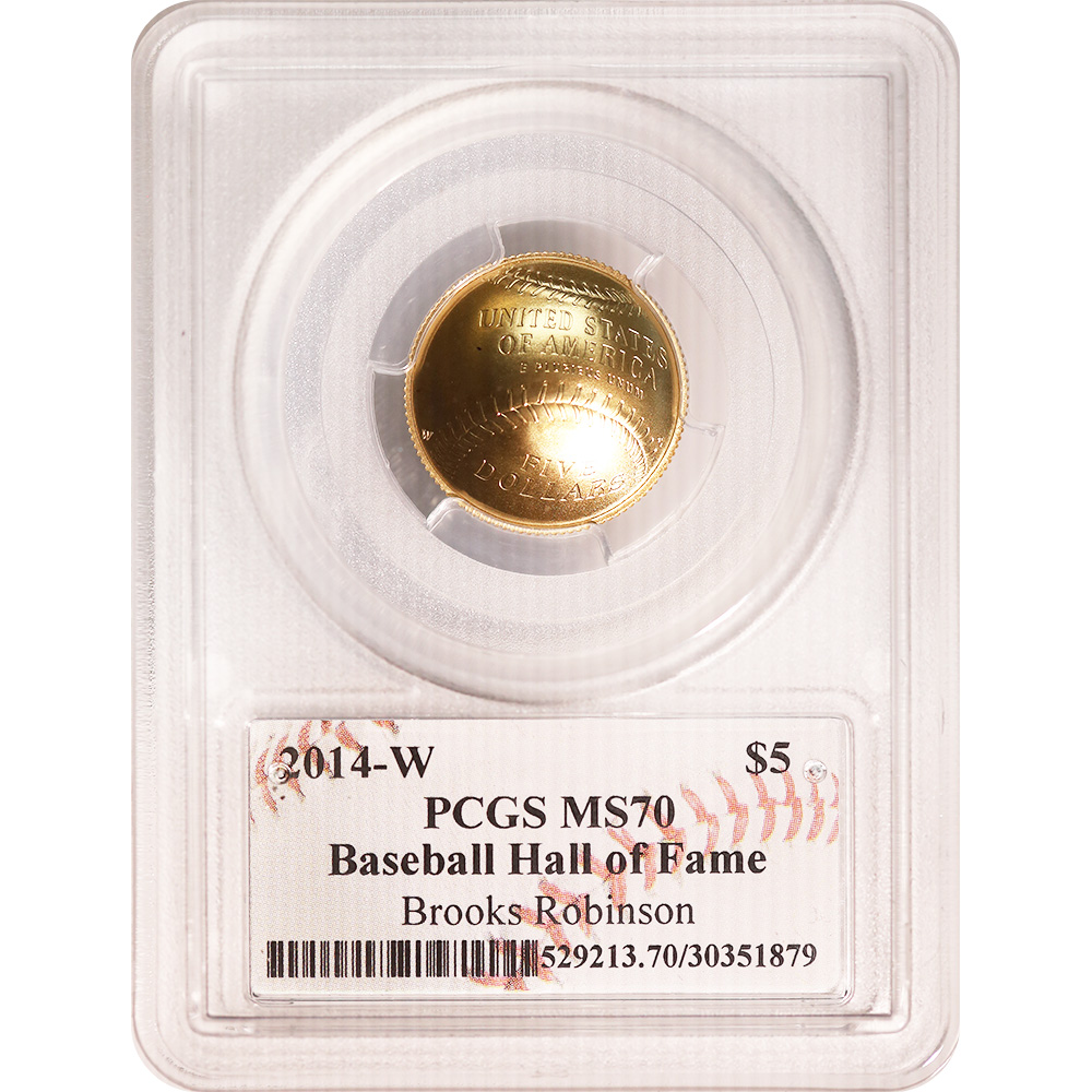 Certified $5 Gold Commemorative 2014-W Baseball HOF MS70 PCGS Brooks Robinson sig.