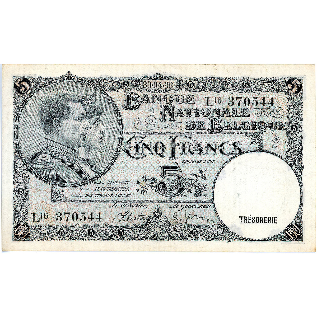 Belgium 5 Francs 1938--88 Error P#108x XF