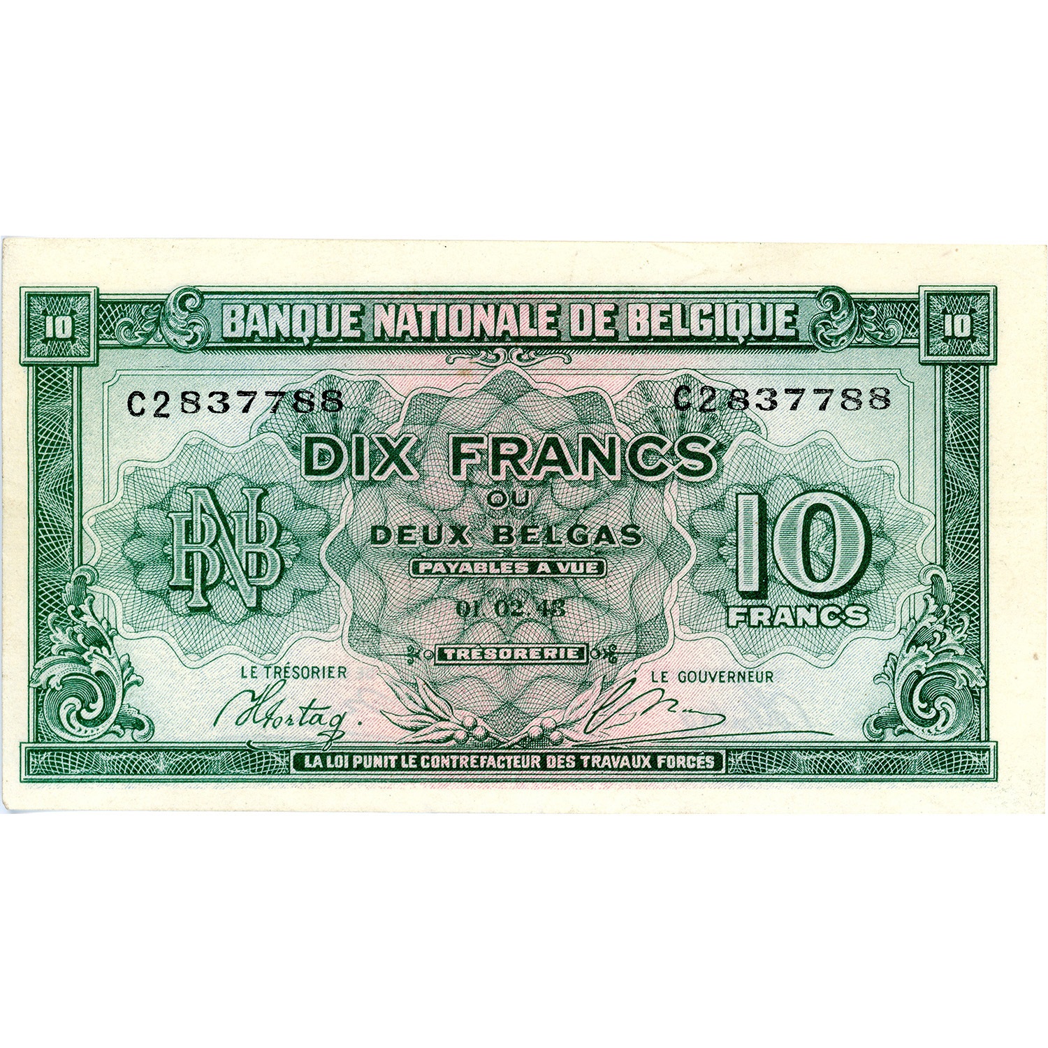 Belgium 10 Francs 1943 P#122 XF