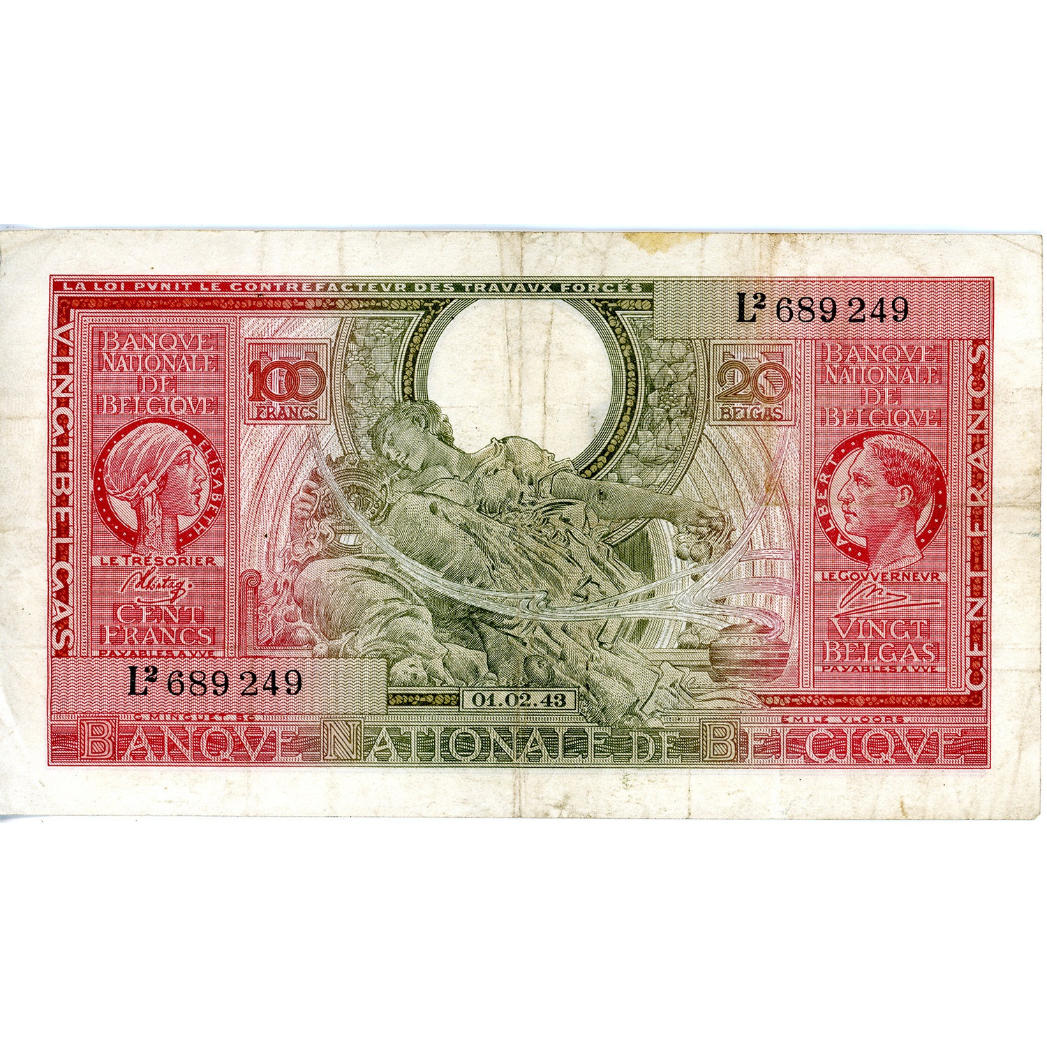Belgium 100 Francs 1943 P#123 VF