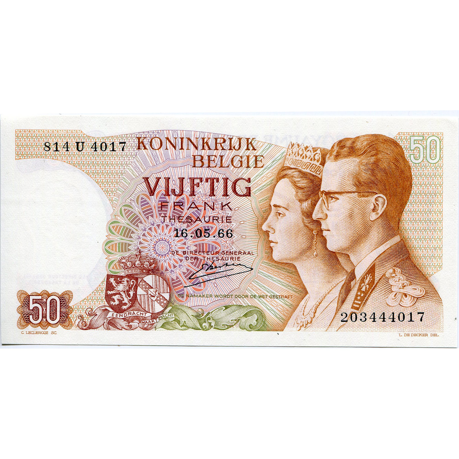 Belgium 50 Francs 1966 P#139 UNC