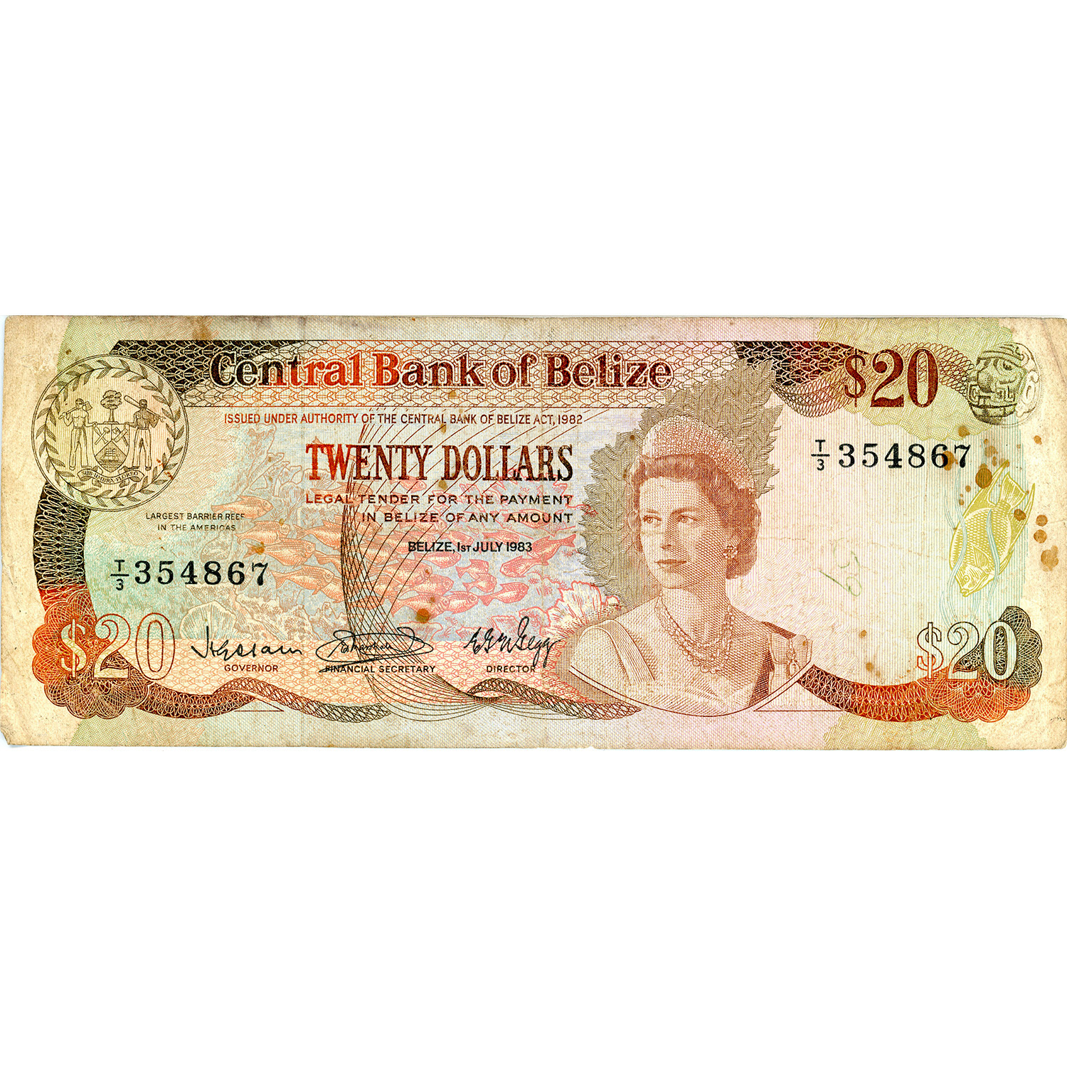 Belize 20 Dollars 1983 P#45 F
