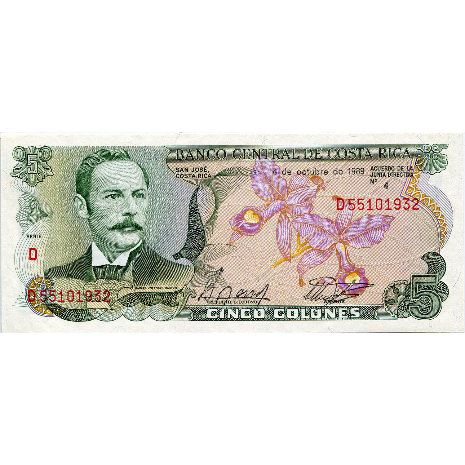 Costa Rica 5 Colones 1989 P#236d UNC
