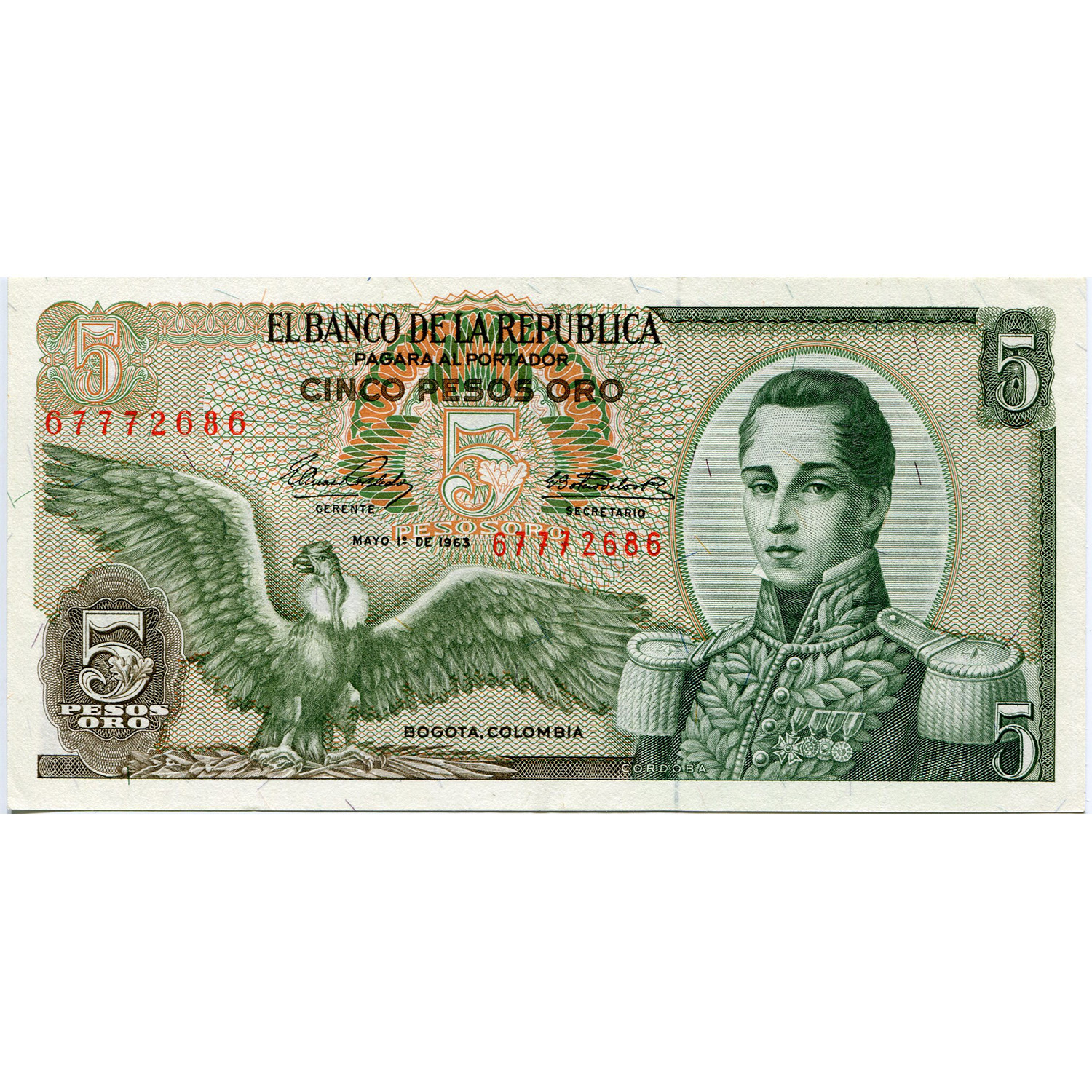 Colombia 5 Pesos 1961-1974 P#406a XF