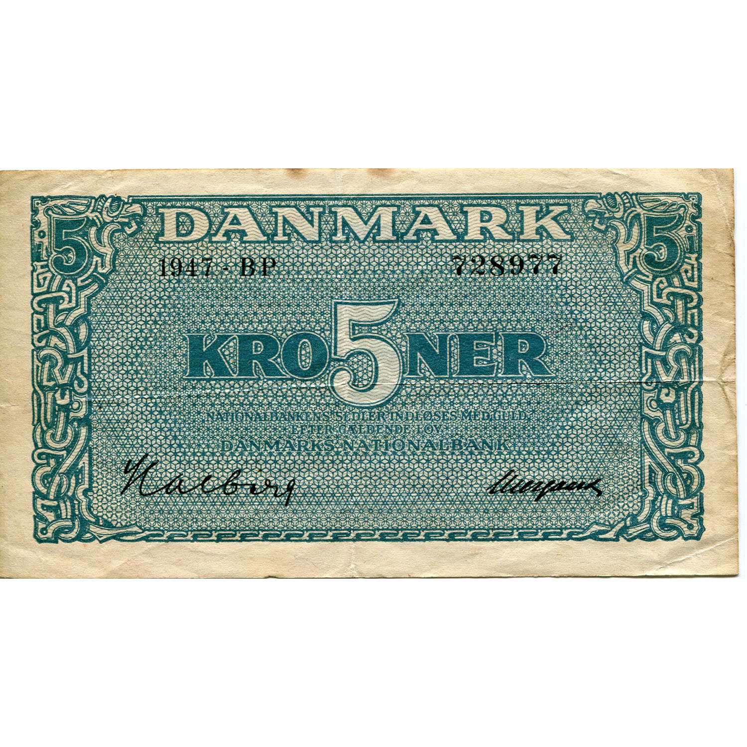 Denmark 5 Kroner 1947 P#35d F