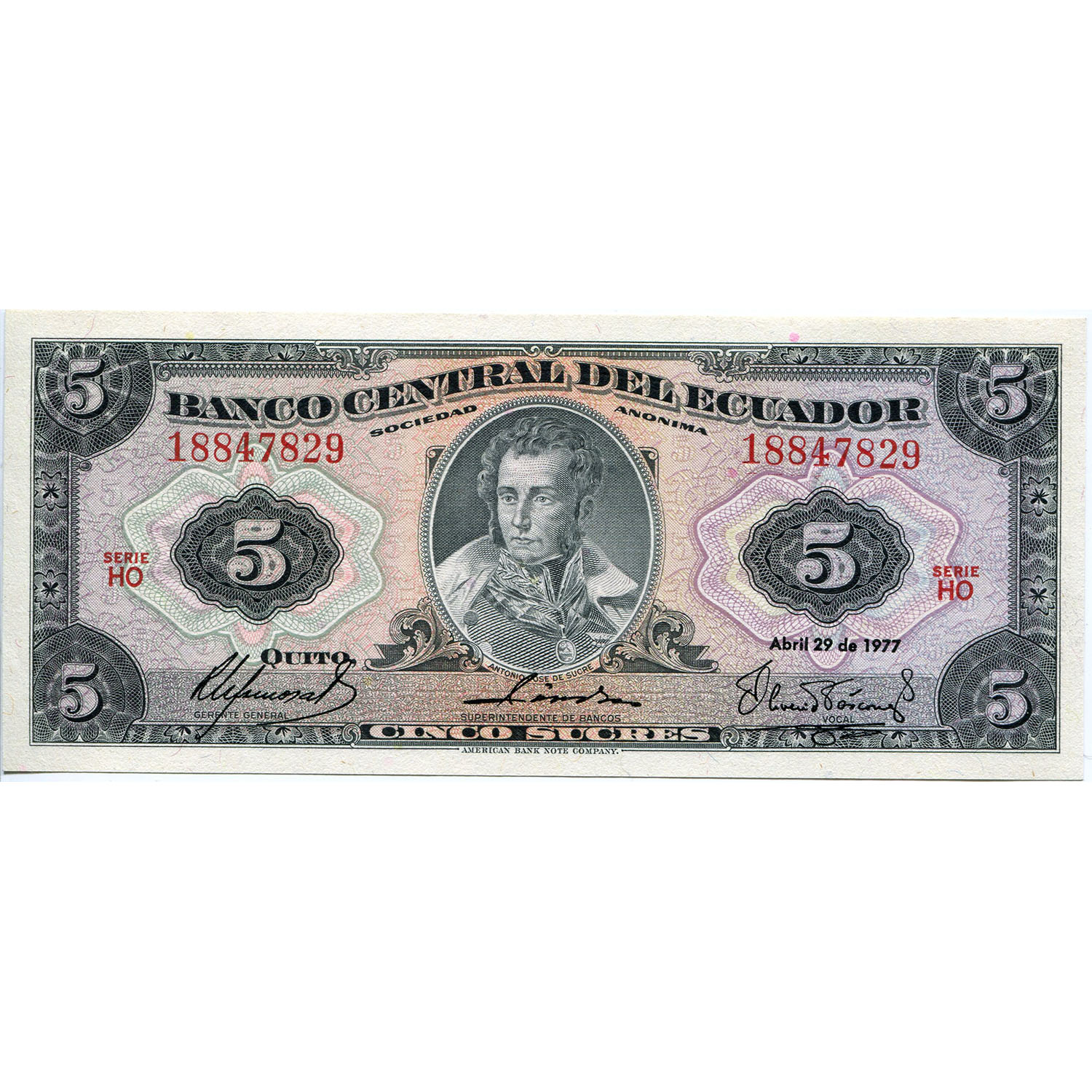 Ecuador 5 Sucres 1977 P#108a UNC