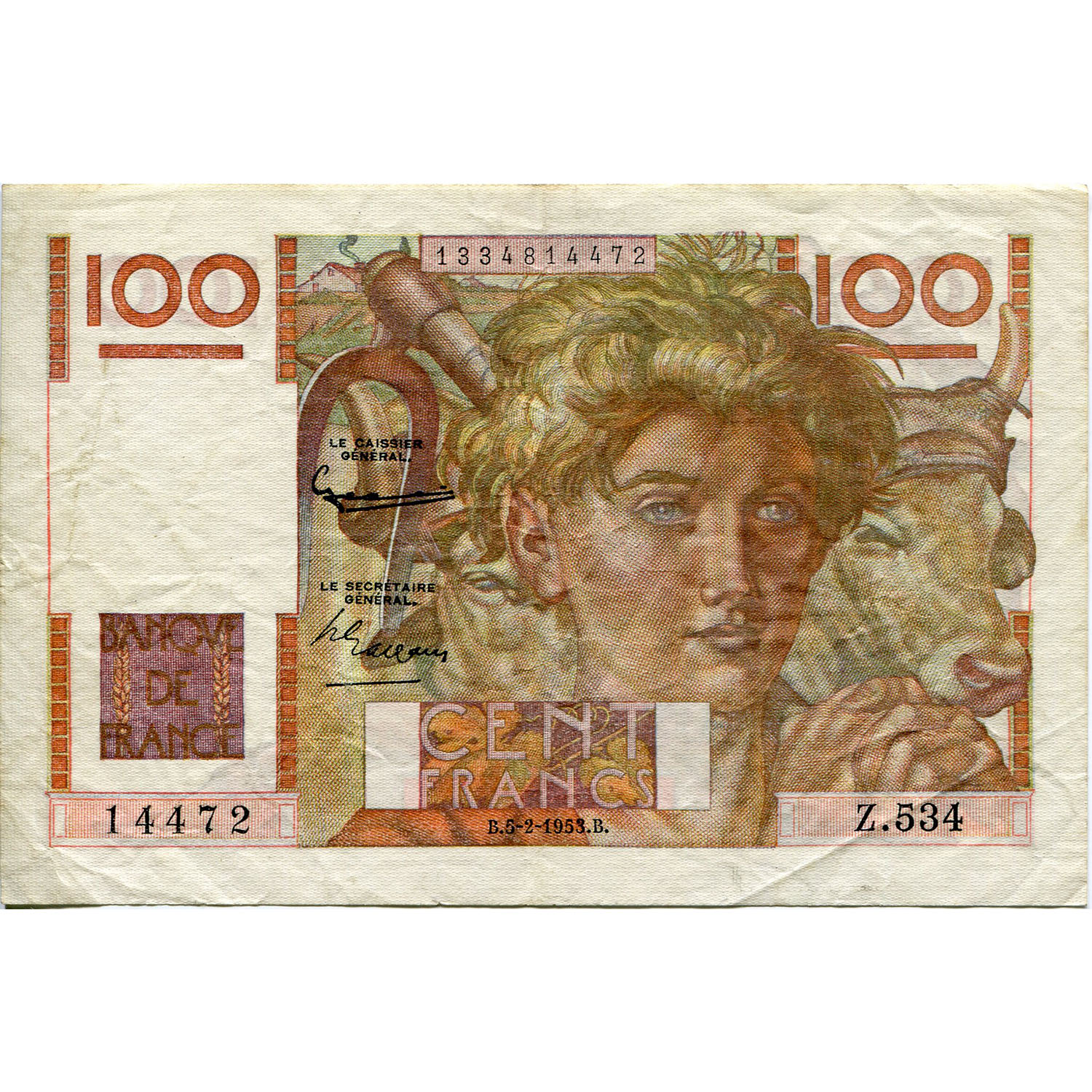 France 100 Francs 1953 P#128d VF