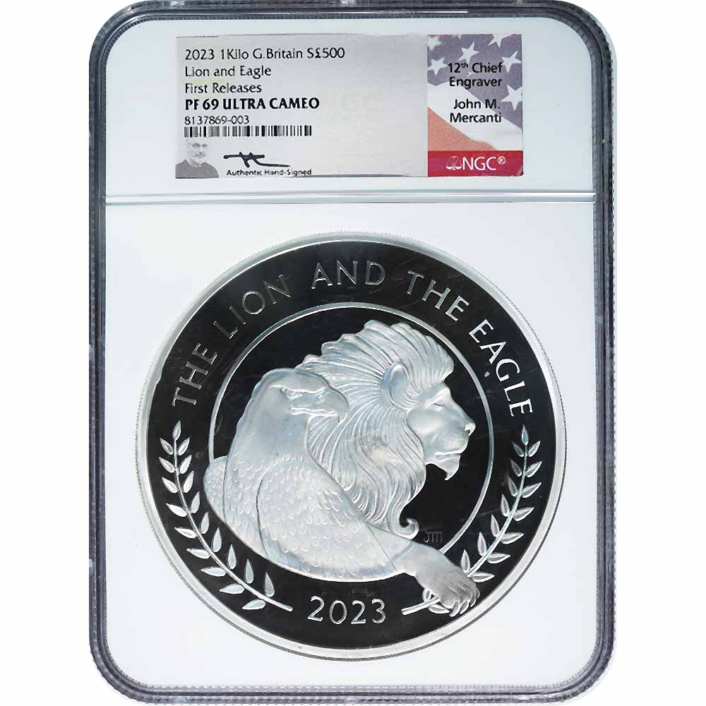Great Britain 1 Kilo Silver 2023 Lion and Eagle PF69 NGC Mercanti sig.