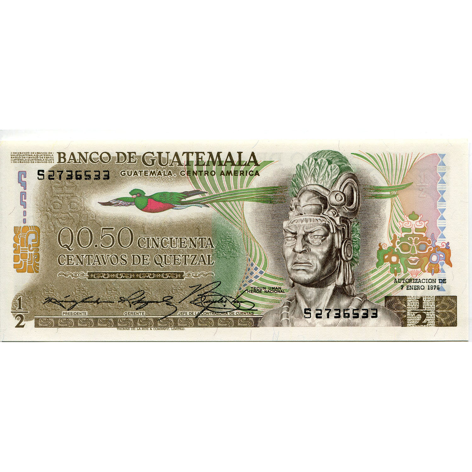 Guatemala 1/2 Quetzal 1976 P#58b UNC