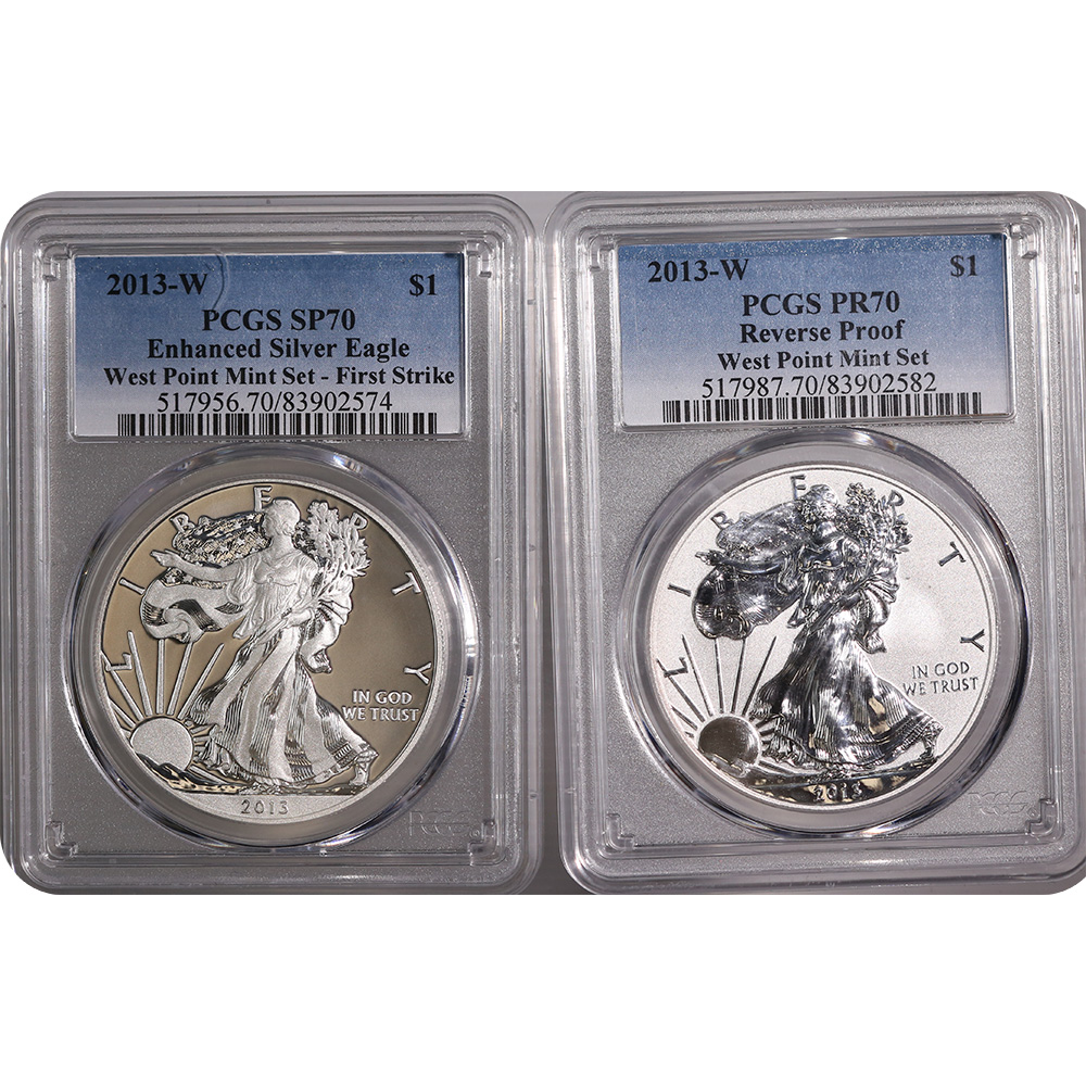 Certified 2013 W American Silver Eagle West Point Two-Coin Set MS/PR70 PCGS First Strike