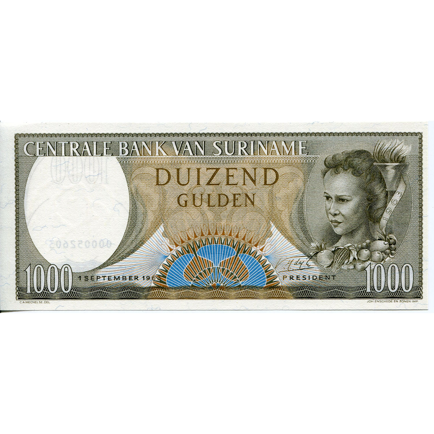 Suriname 1000 Gulden 1963 P#124 UNC