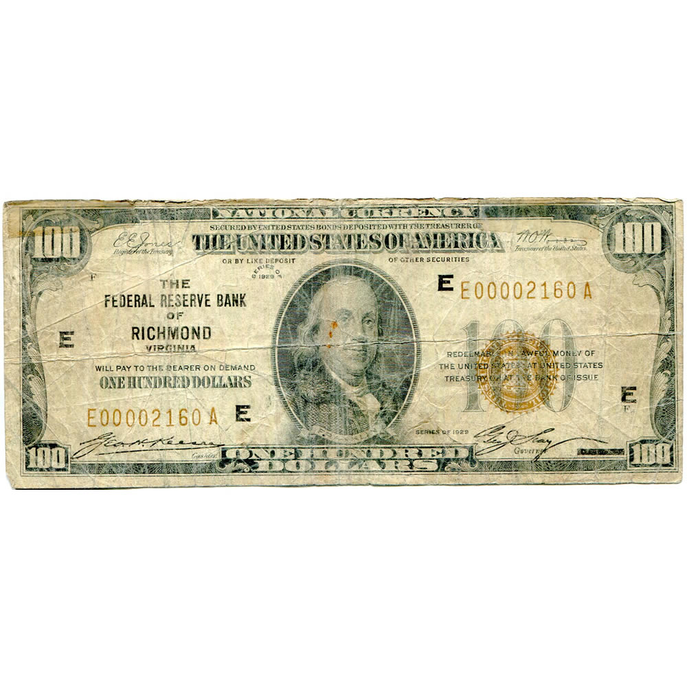 1929 $100 Federal Reserve Note Richmond VA G-VG