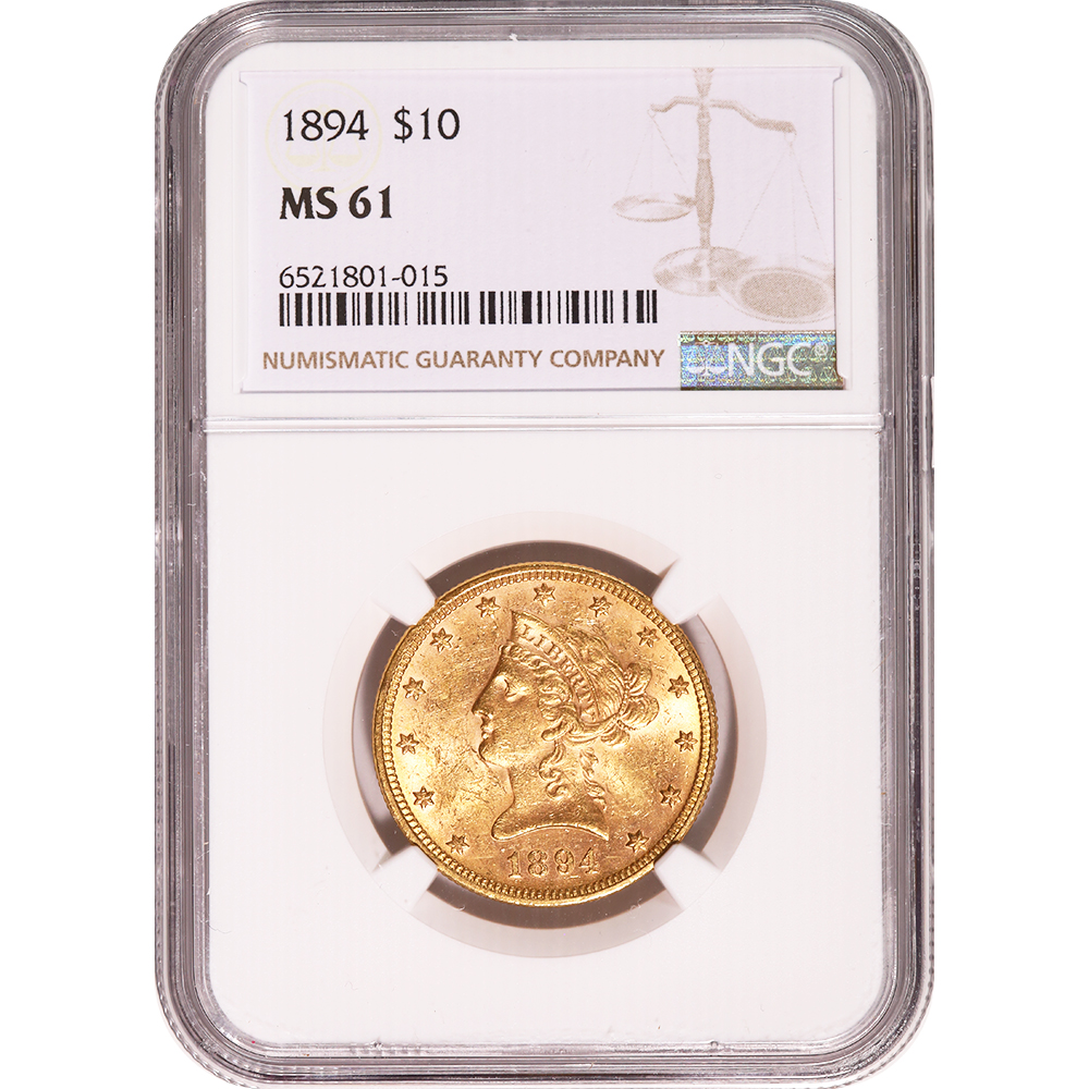 Certified $10 Gold Liberty 1894 MS61 NGC