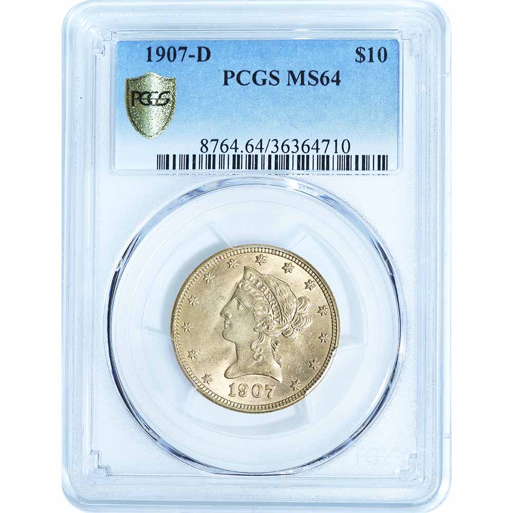Certified US Gold $10 Liberty 1907-D MS64 PCGS