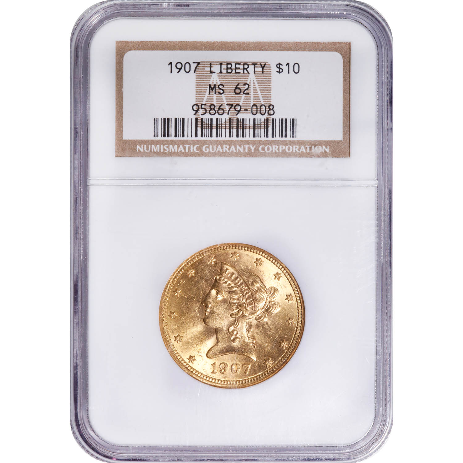 Certified US Gold $10 Liberty 1907 MS62 NGC