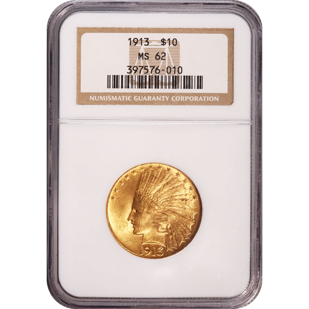 Certified US Gold $10 Indian 1913 MS62 NGC