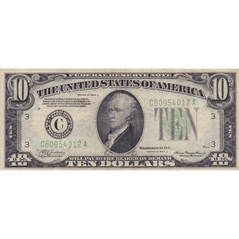 1934A $10 Federal Reserve Note F-VF
