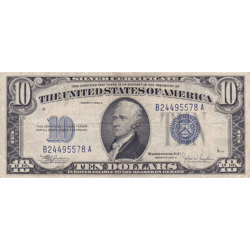 1934C $10 Silver Certificate F-VF