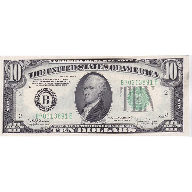 1934C $10 Federal Reserve Note XF-AU