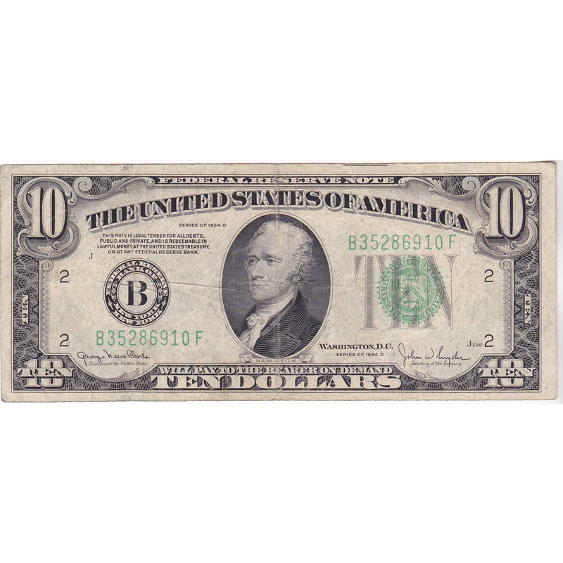 1934D $10 Federal Reserve Note F-VF