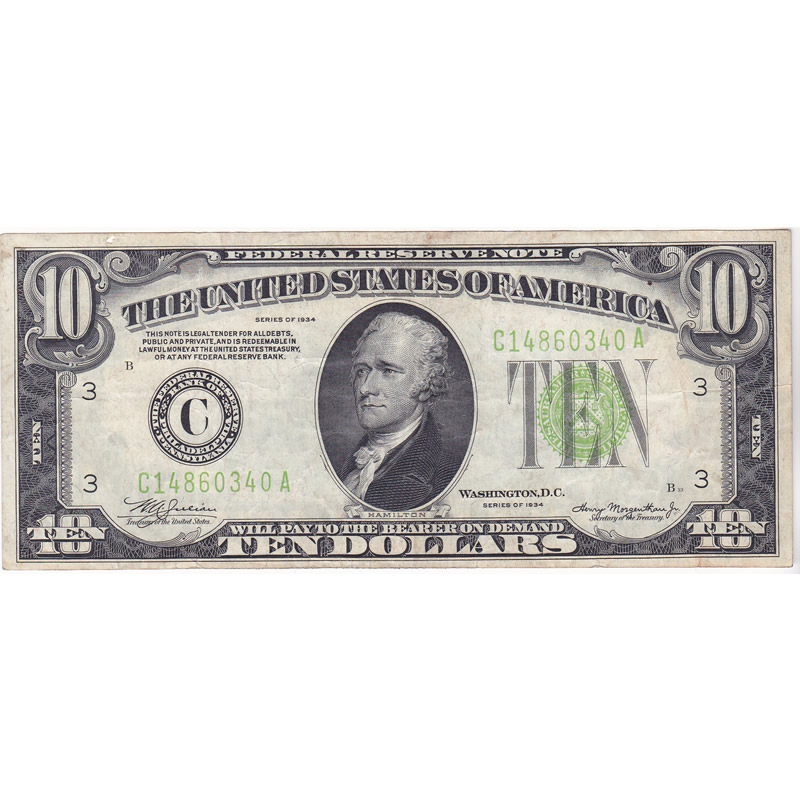 1934 $10 Federal Reserve Note F-VF