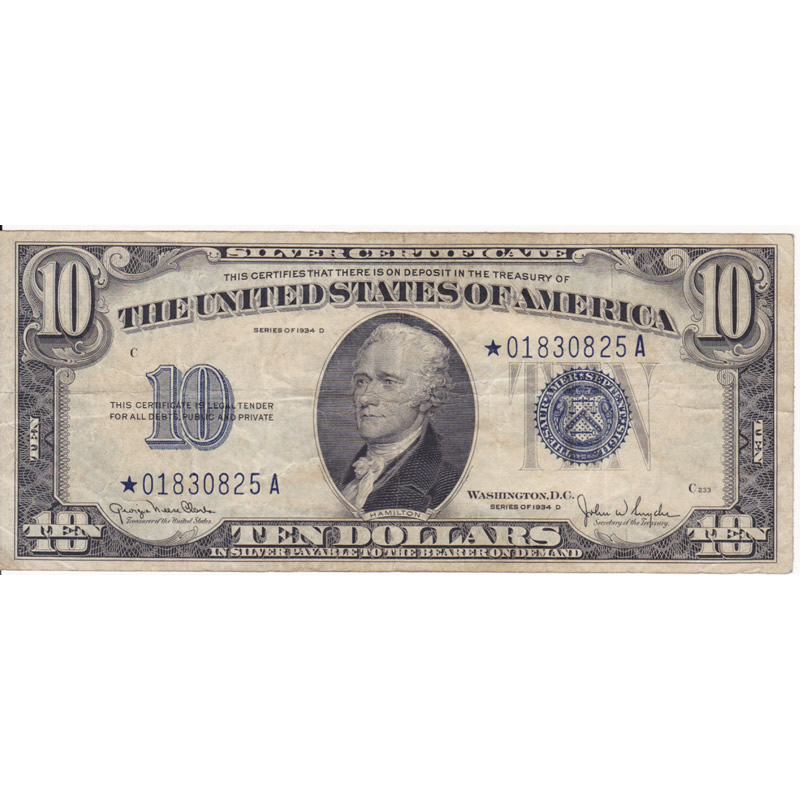 1934D $10 Silver Certificate Star Note F