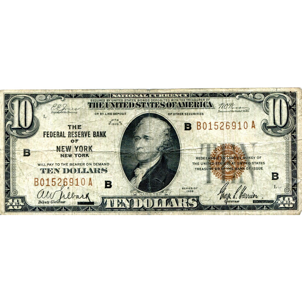 1929 $10 Federal Reserve Note New York NY G-VG