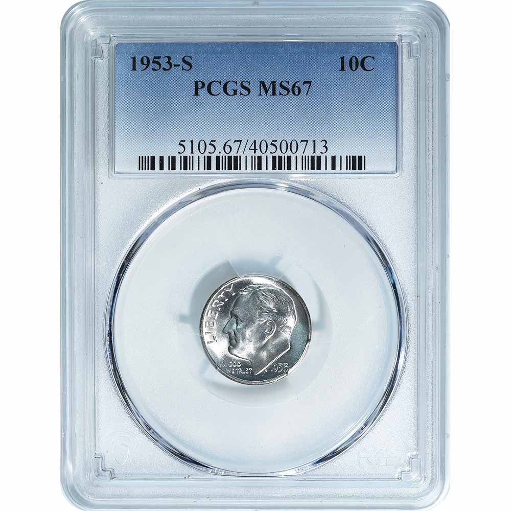 Certified Roosevelt Dime 1953-S MS67 PCGS