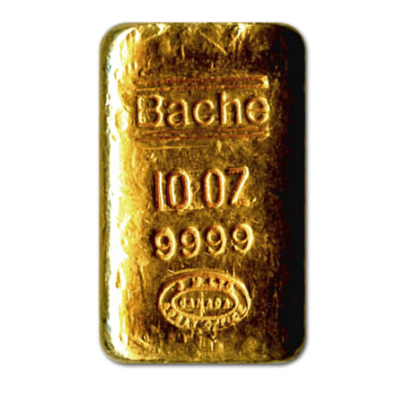 Ten Ounce Gold .9999 Bache bar produced by Johnson Matthey