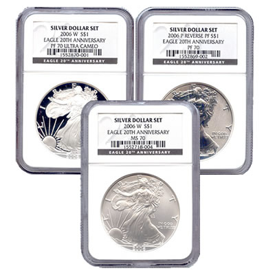 Certified 2006 20th Anniversary 3pc Silver Set MS & PF70 NGC