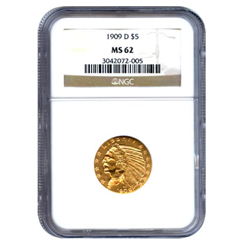 Certified US Gold $5 Indian MS62 (Dates Our Choice) PCGS or NGC