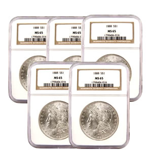 Certified Morgan Silver Dollars MS65 (5 Different Dates) (Our Choice)