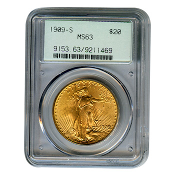Certified $20 St Gaudens 1909-S MS63 PCGS