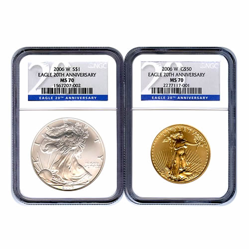 Certified 2006 20th Anniversary 2pc Gold & Silver Set MS70