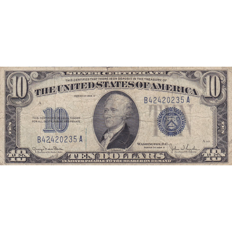1934D $10 Silver Certificate G-VG