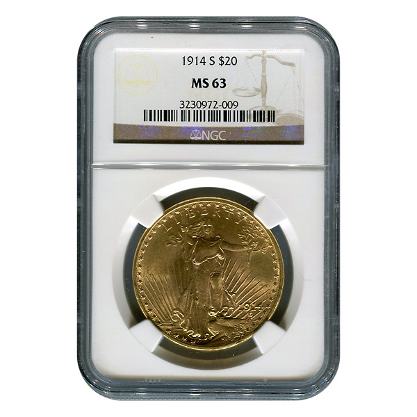 Certified $20 St Gaudens 1914-S MS63 NGC