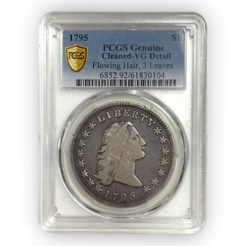 Certified Flowing Hair Dollar 1795 3 Leaves Cleaned VG Detail PCGS