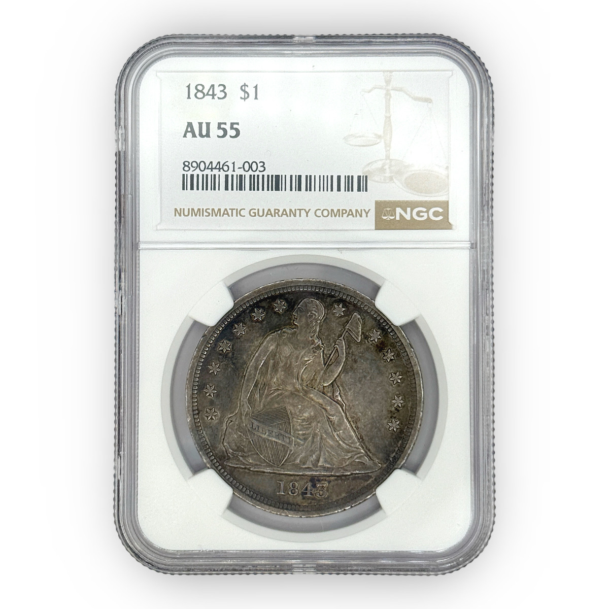 Certified Seated Dollar 1843 AU55 NGC