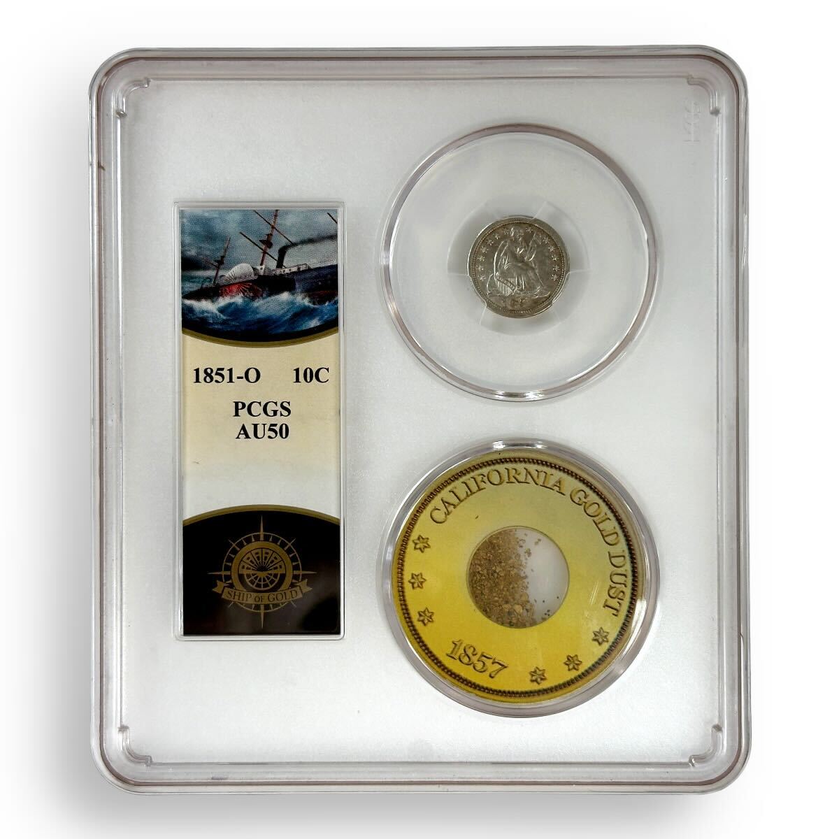 1851-O Seated Dime & 1857 California Gold Fragment- SS Central America Shipwreck PCGS Certified with