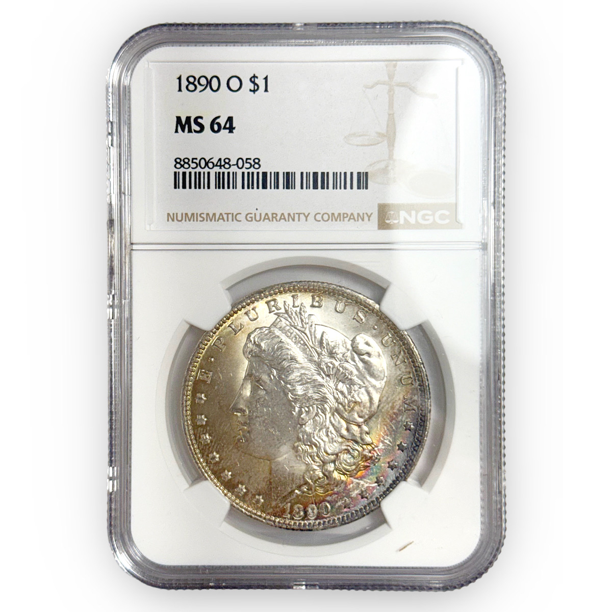 Certified Morgan Silver Dollar 1890-O MS64 NGC Toning (T) - Golden