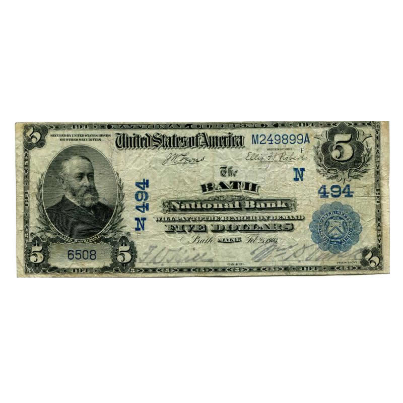 1902 $5 National Banknote Bath ME Charter #494 Fine