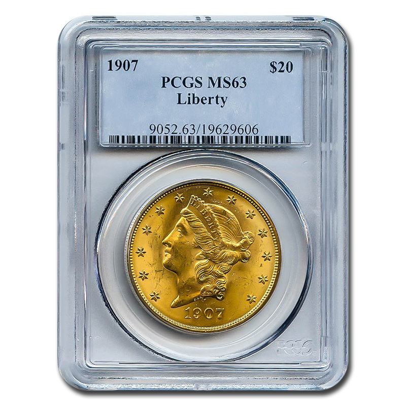 Certified US Gold $20 1907 MS63 PCGS