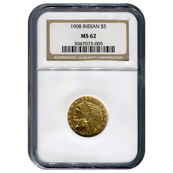 Certified US Gold $5 Indian 1908 MS62 NGC