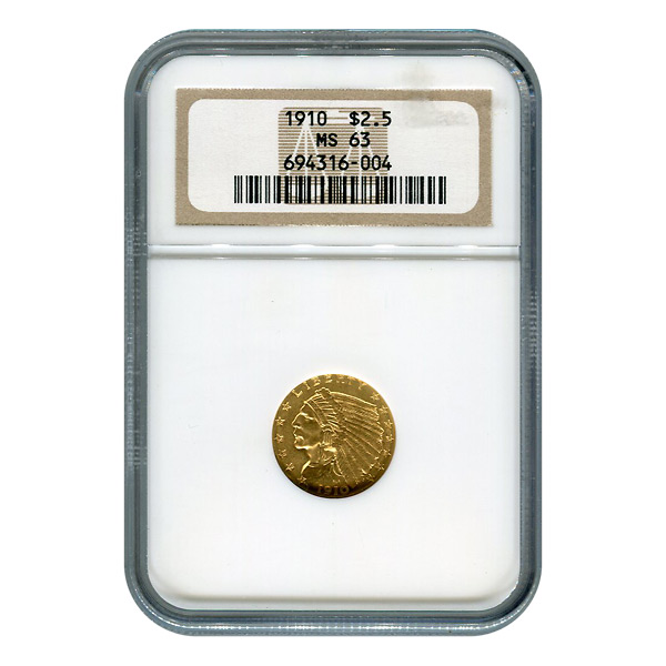 Certified US Gold $2.5 Indian 1910 MS63 NGC