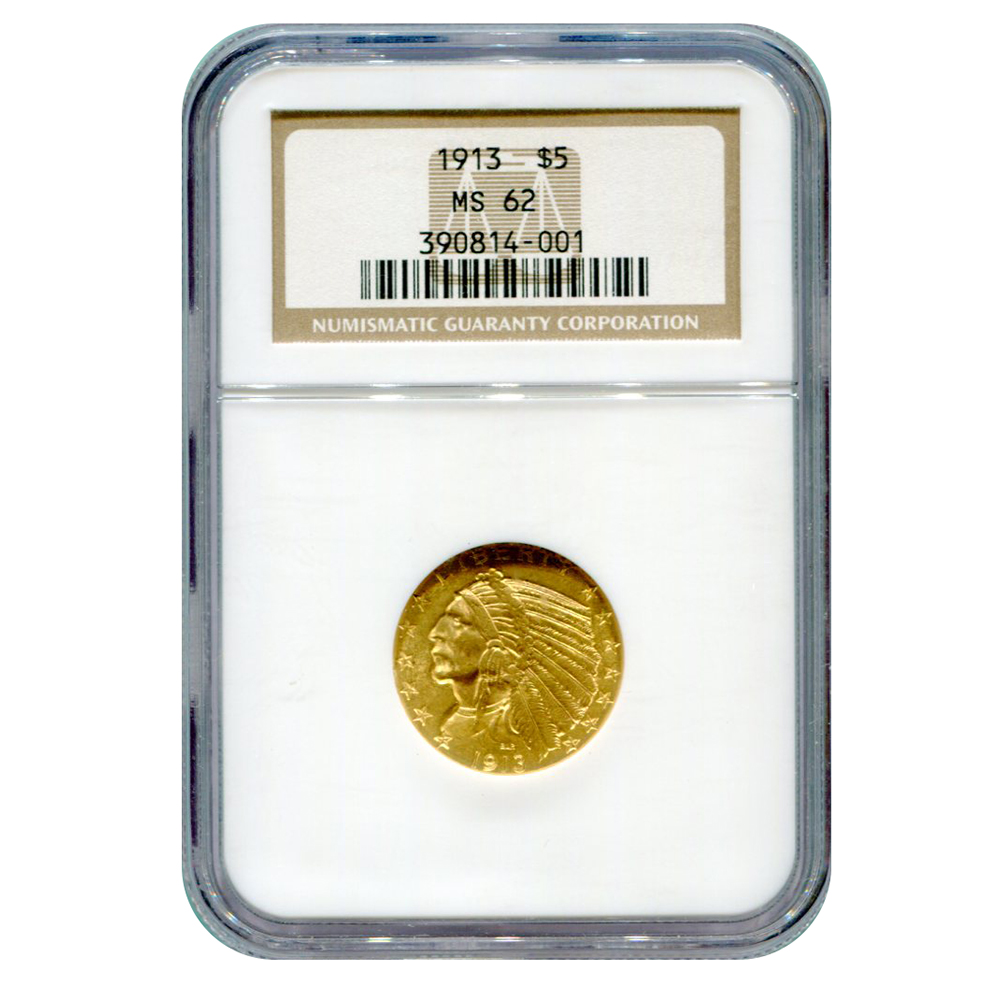 Certified $5 Gold Indian 1913 MS62 NGC